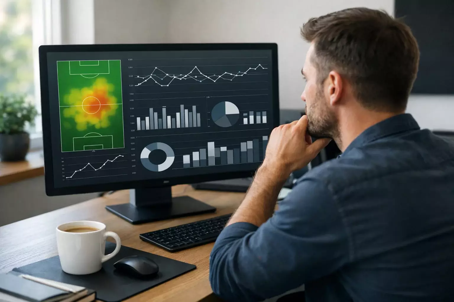 Personne analysant des statistiques de football sur un écran d