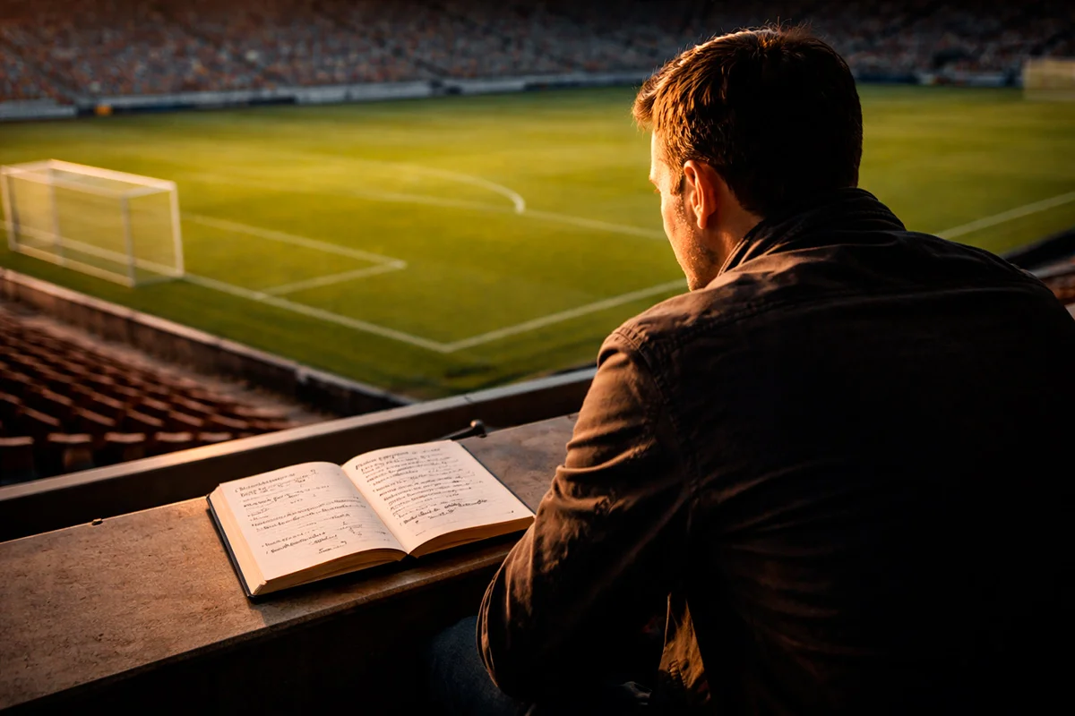 Analyste observant un terrain de football avec un carnet de notes en main
