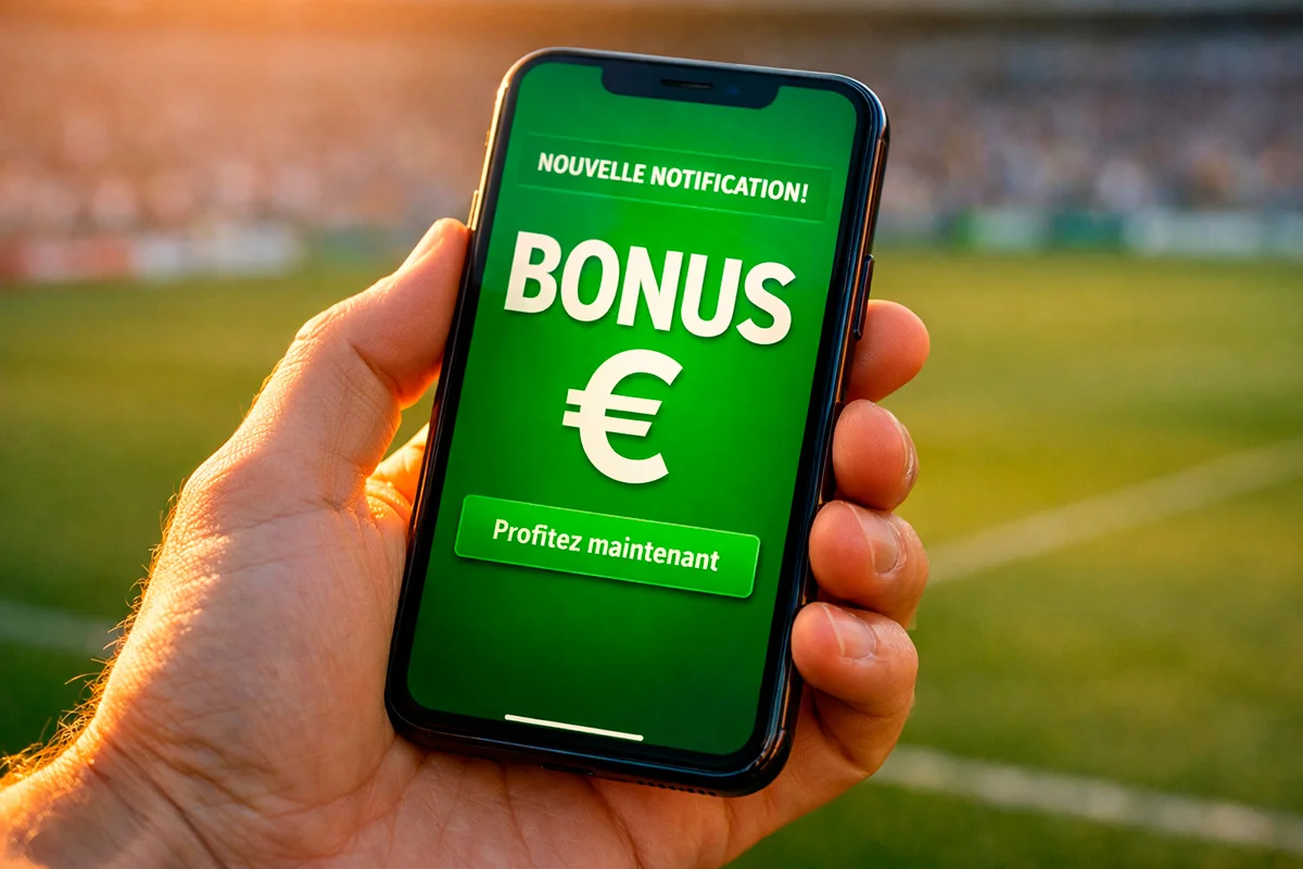 Main tenant un smartphone avec un symbole € et une notification de bonus