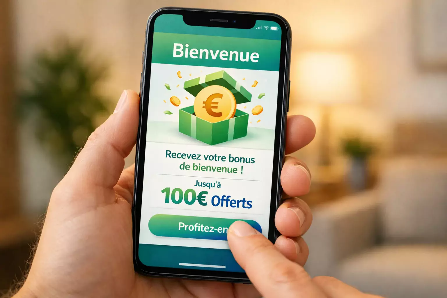 Écran de smartphone affichant une offre promotionnelle de paris sportifs