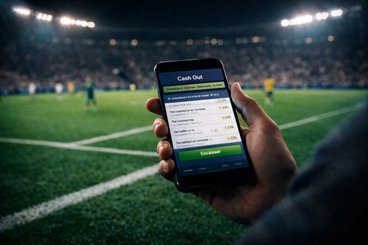 Main tenant un smartphone affichant un pari sportif en cours pendant un match de football en arrière-plan