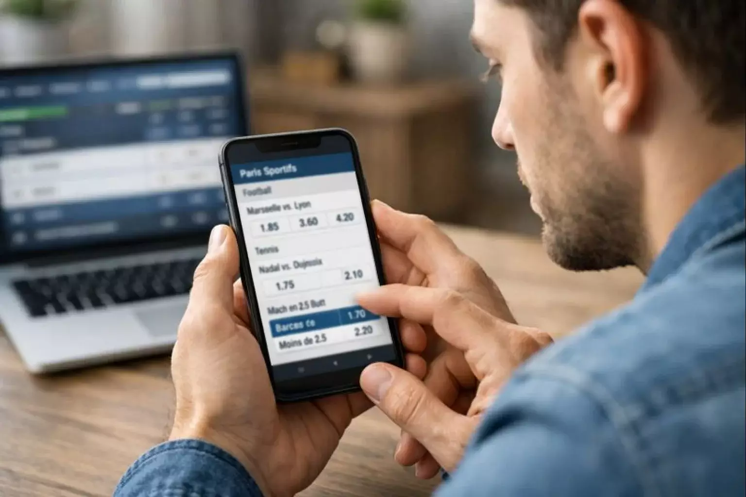 Homme comparant plusieurs applications de paris sportifs sur smartphone