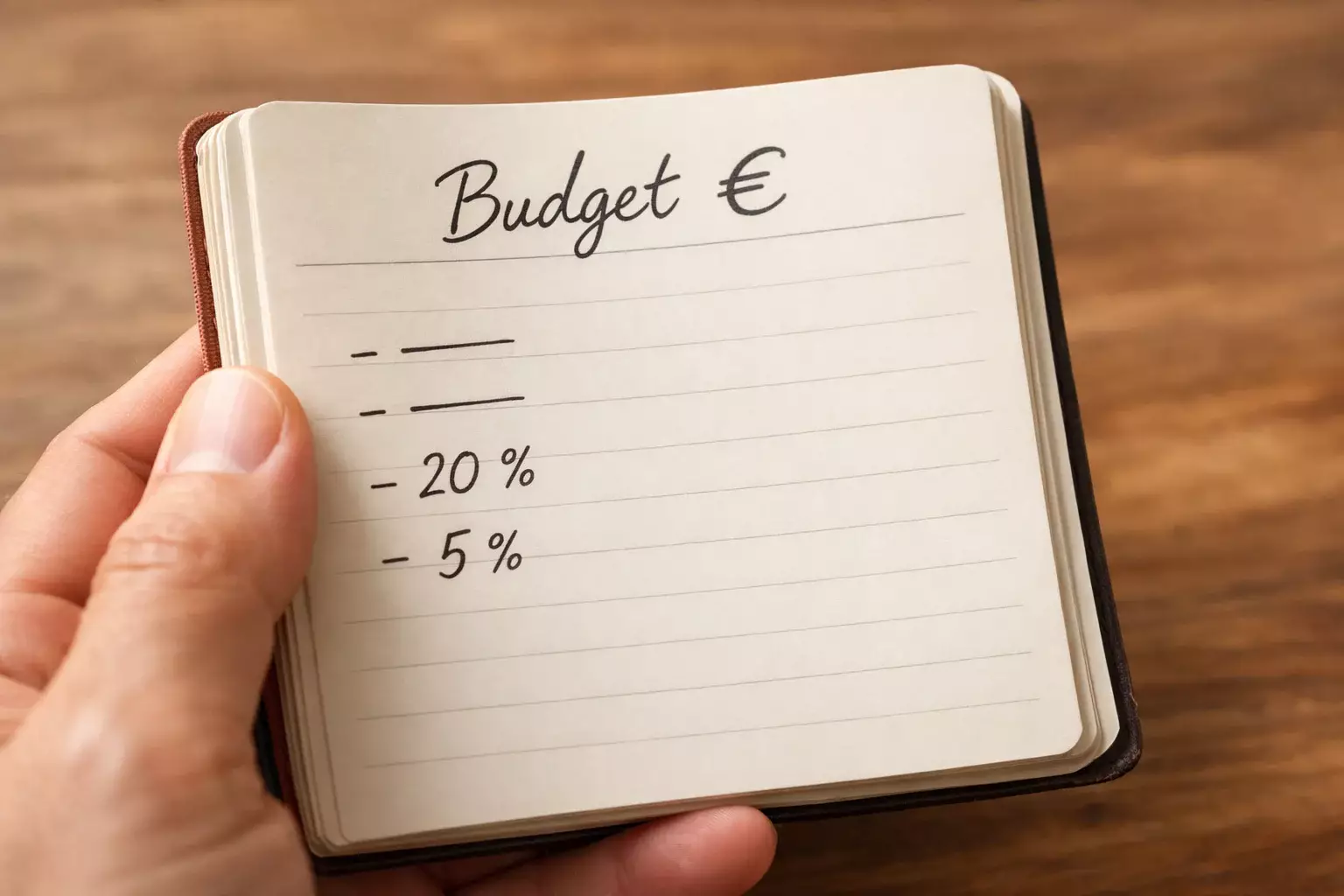 Main tenant un carnet avec budget et symbole euro clairement noté