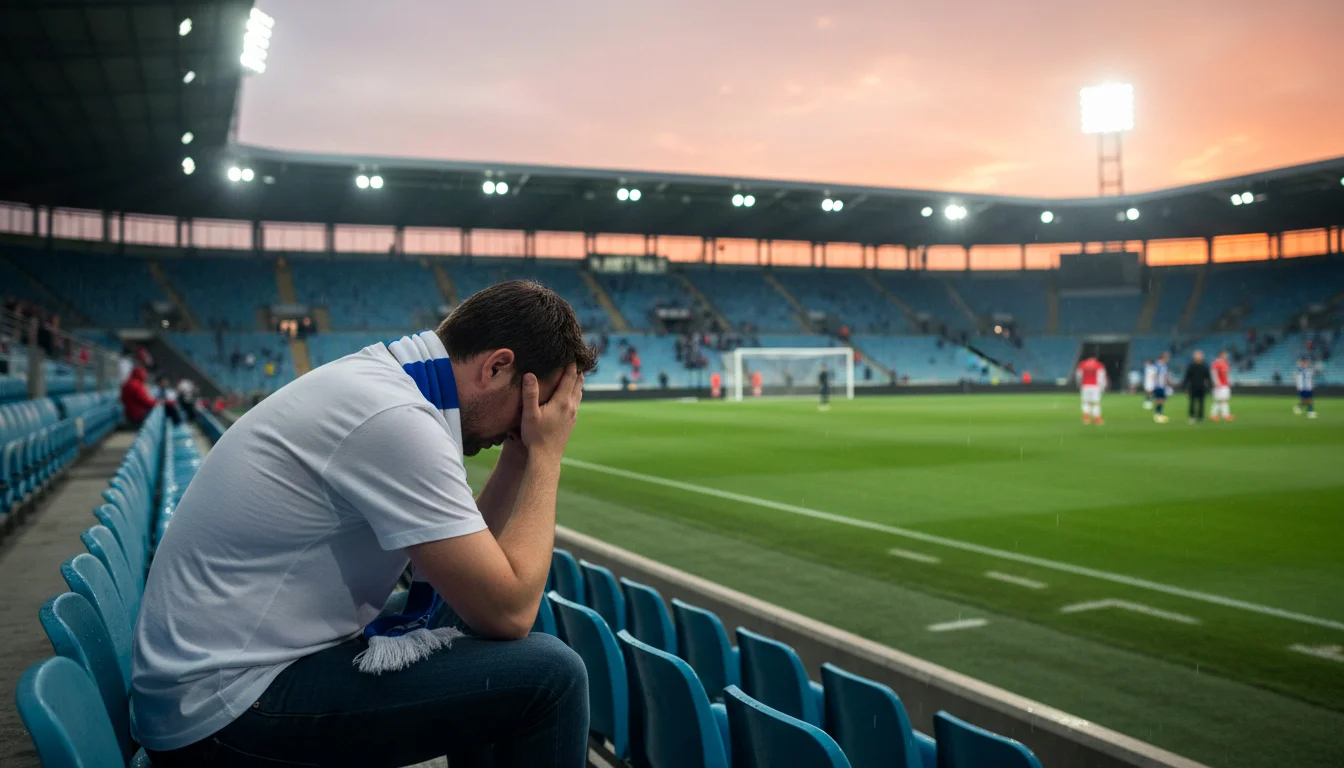 Supporter de football dépité tenant sa tête entre ses mains dans les tribunes d'un stade