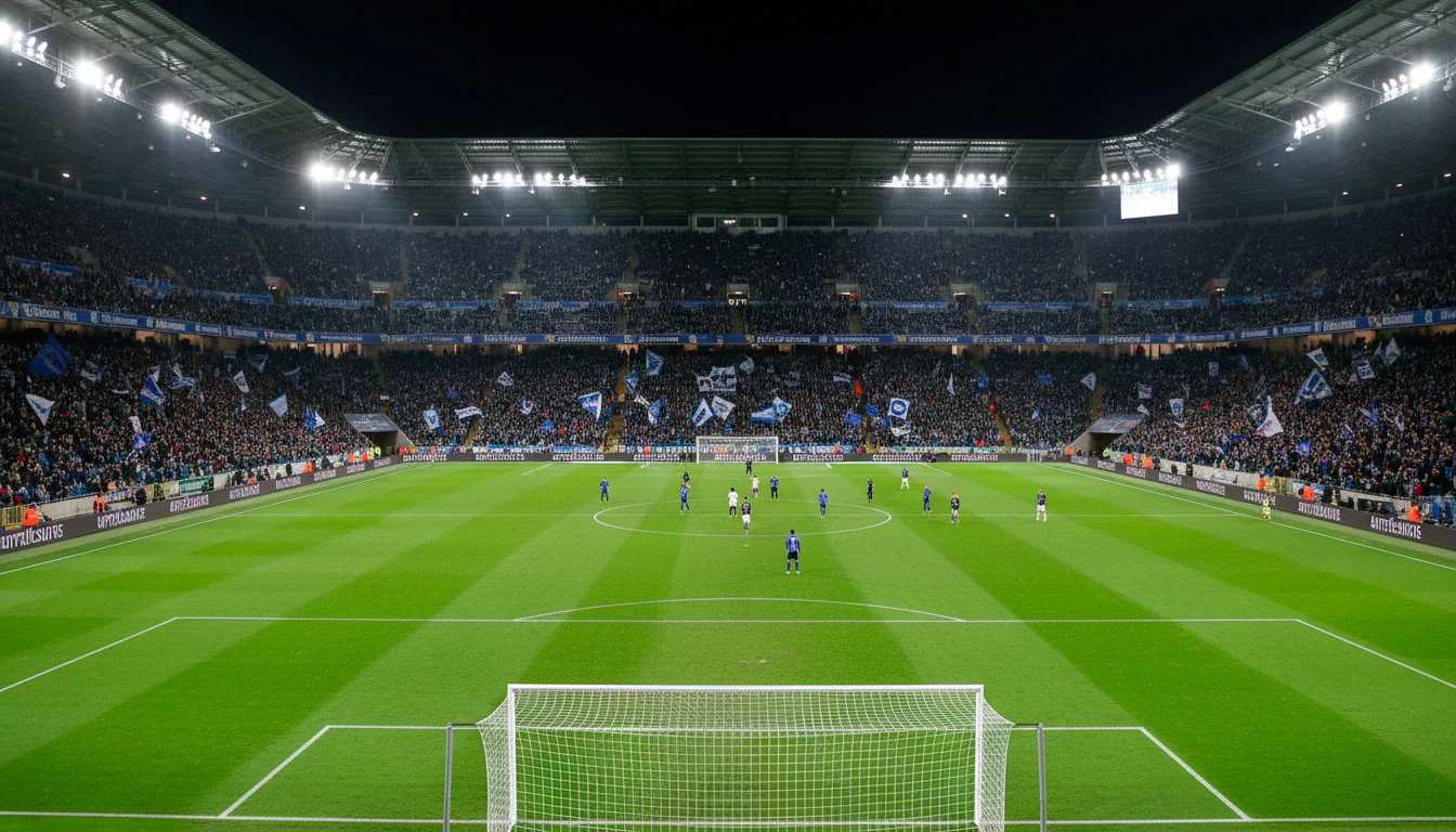 Stade de football rempli de supporters créant une atmosphère intense sous les projecteurs