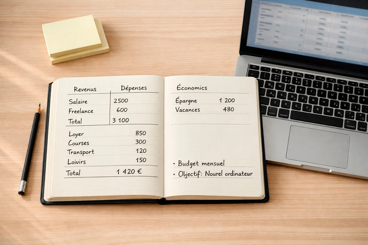 Personne organisant des notes et un carnet de gestion financière sur un bureau bien rangé