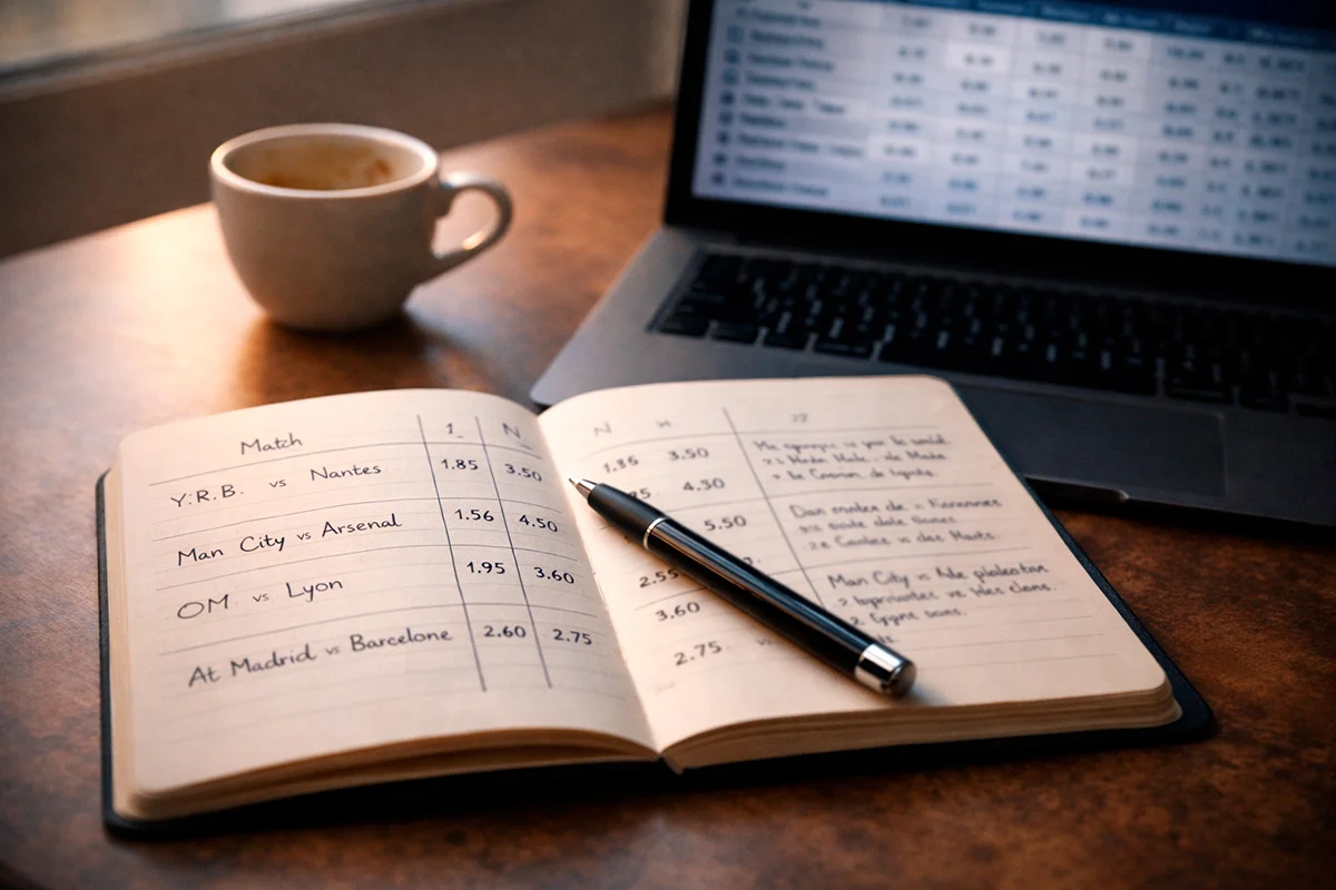 Tableau de cotes de paris sportifs avec un stylo posé sur un carnet de notes d'analyse football