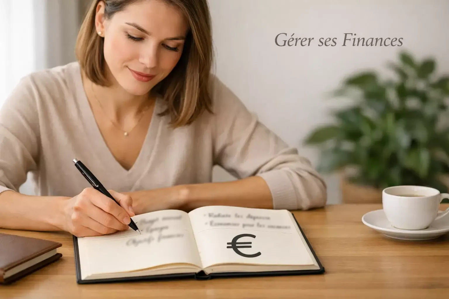 Personne organisant ses finances avec carnet et symboles € sur bureau