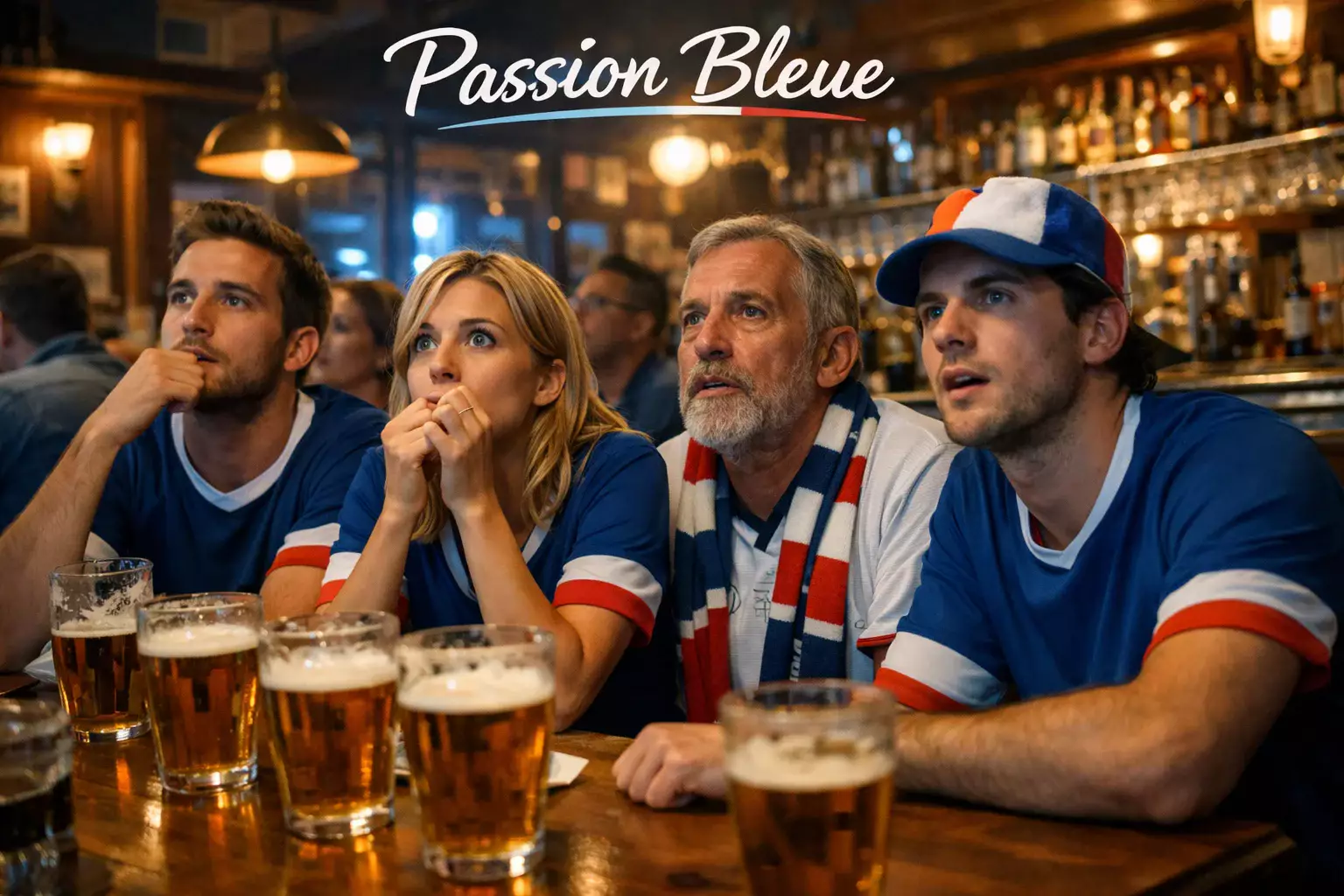 Supporters français devant un match de football dans un bar sportif