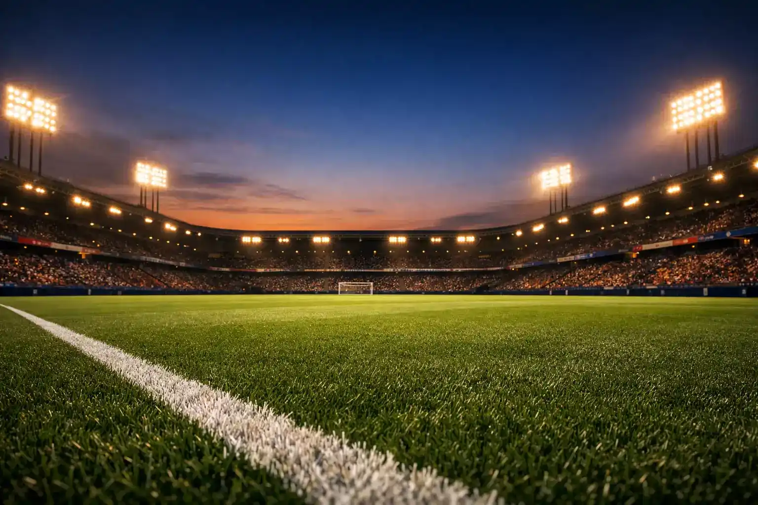 Stade de football illuminé en soirée avec pelouse verte et tribunes