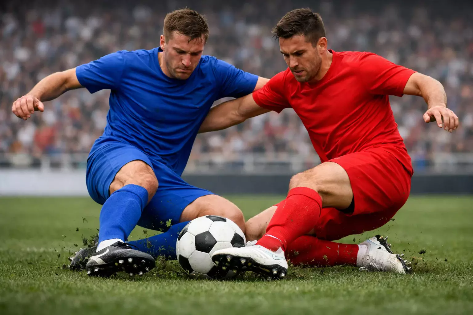 Joueurs de football de deux équipes en duel sur le terrain