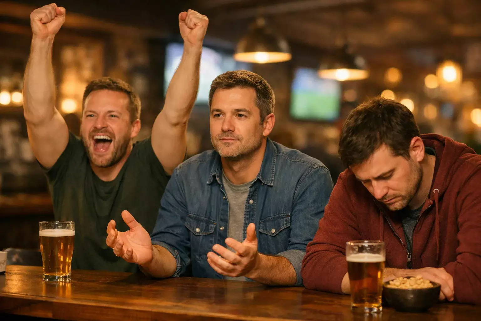 Trois supporters montrant les résultats possibles : victoire, nul, défaite