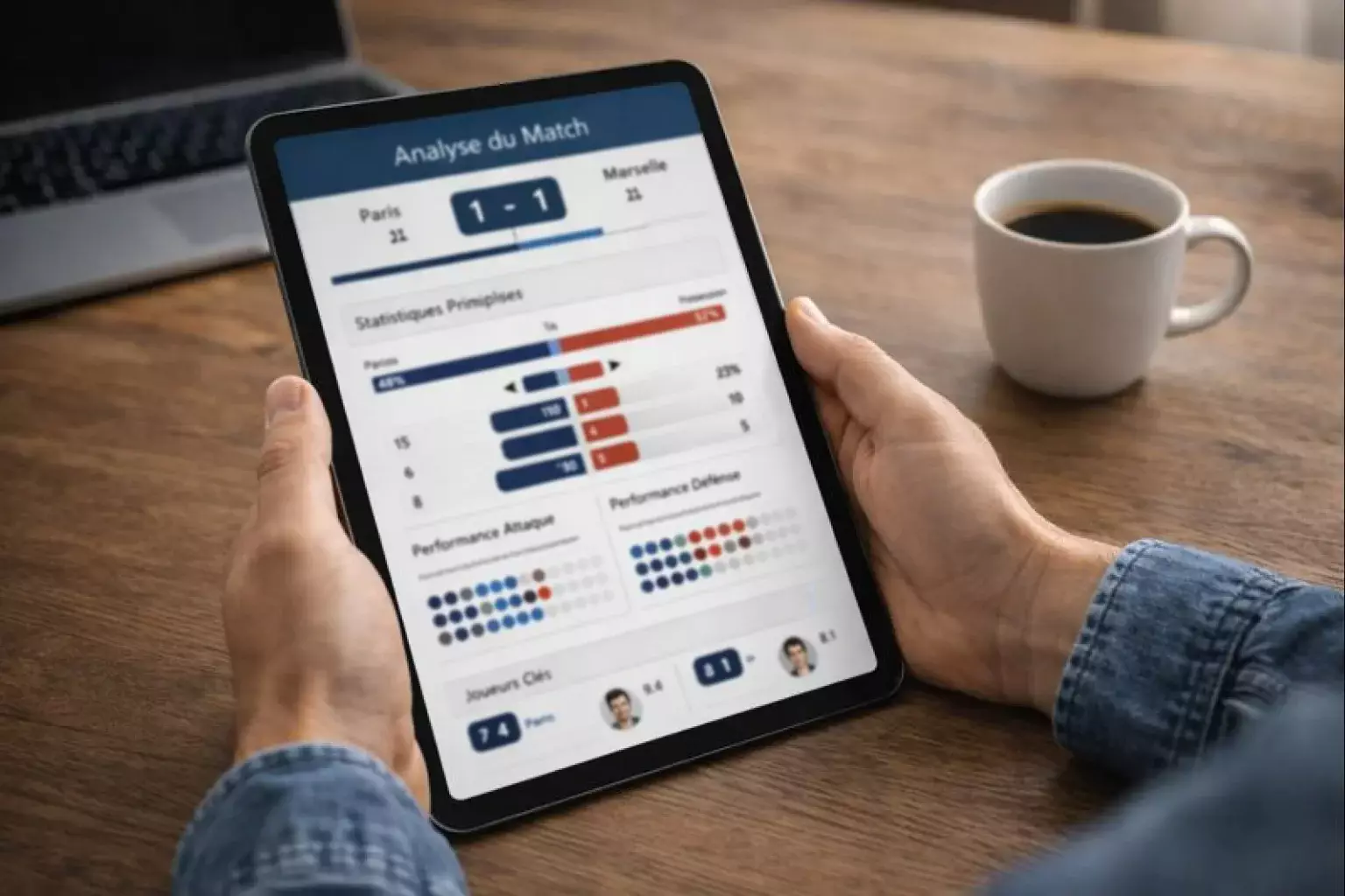 Personne analysant des statistiques de football sur tablette