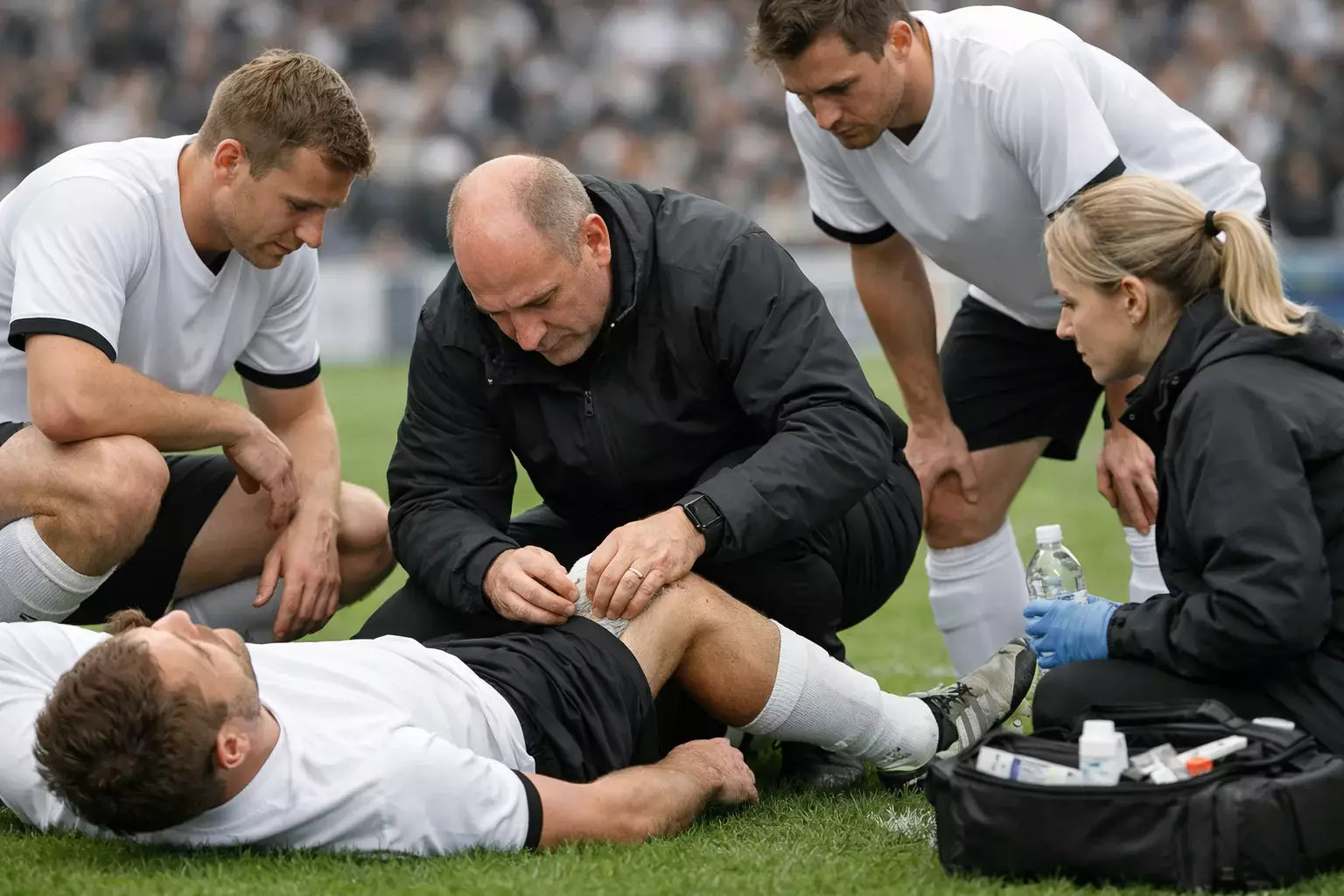 Joueur de football blessé soigné sur le terrain