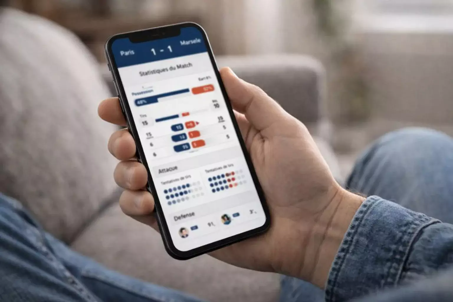 Smartphone affichant application de statistiques football