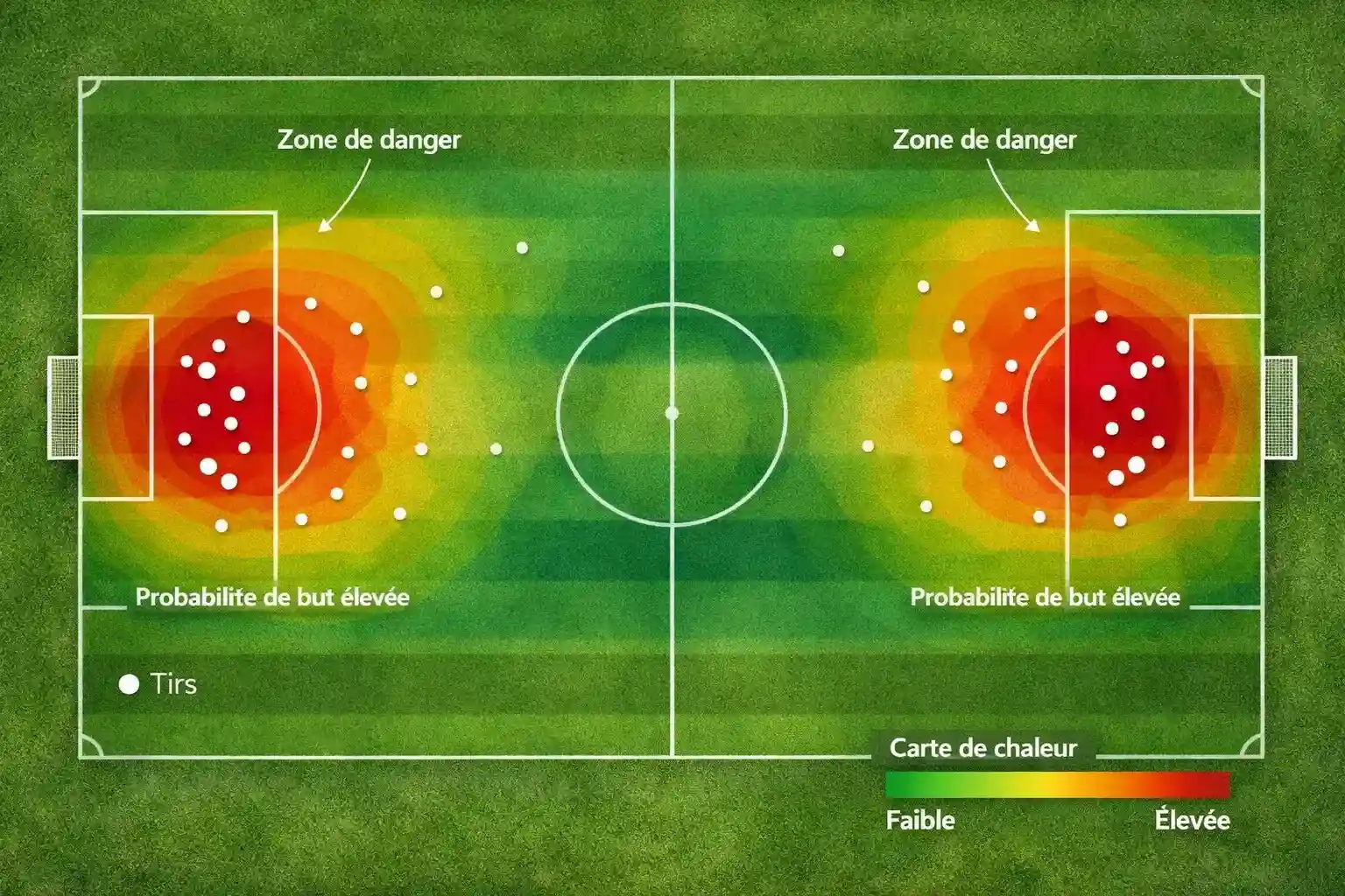 Terrain de football vu de haut avec zones de tir marquées