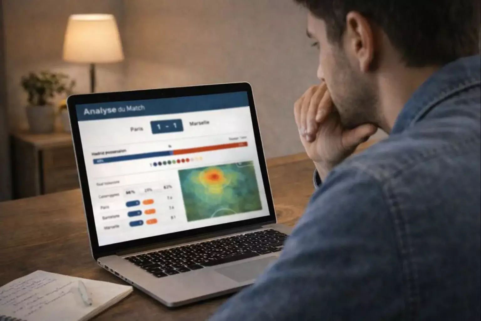 Personne réfléchissant devant ordinateur portable avec données de match