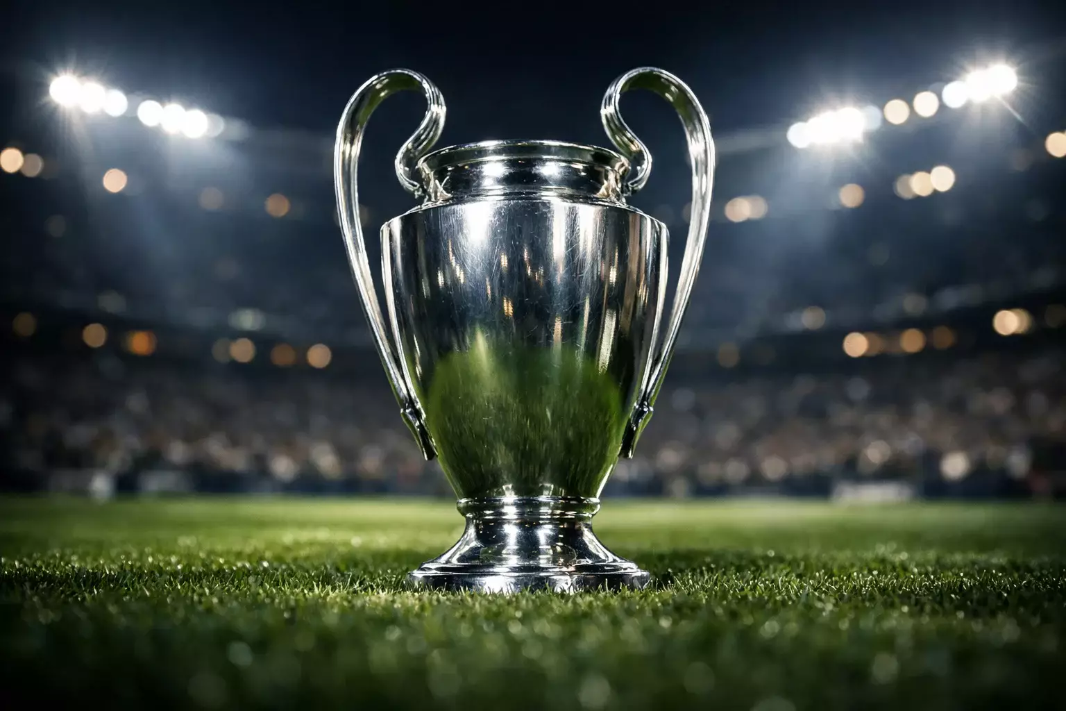 Trophée de la Ligue des Champions sur pelouse de stade