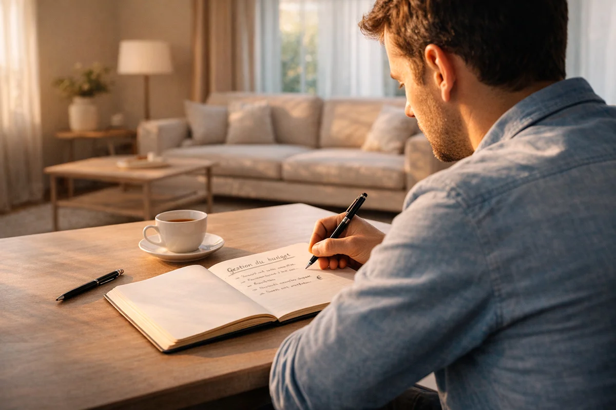 Personne réfléchissant calmement devant un bloc-notes avec un plan de budget