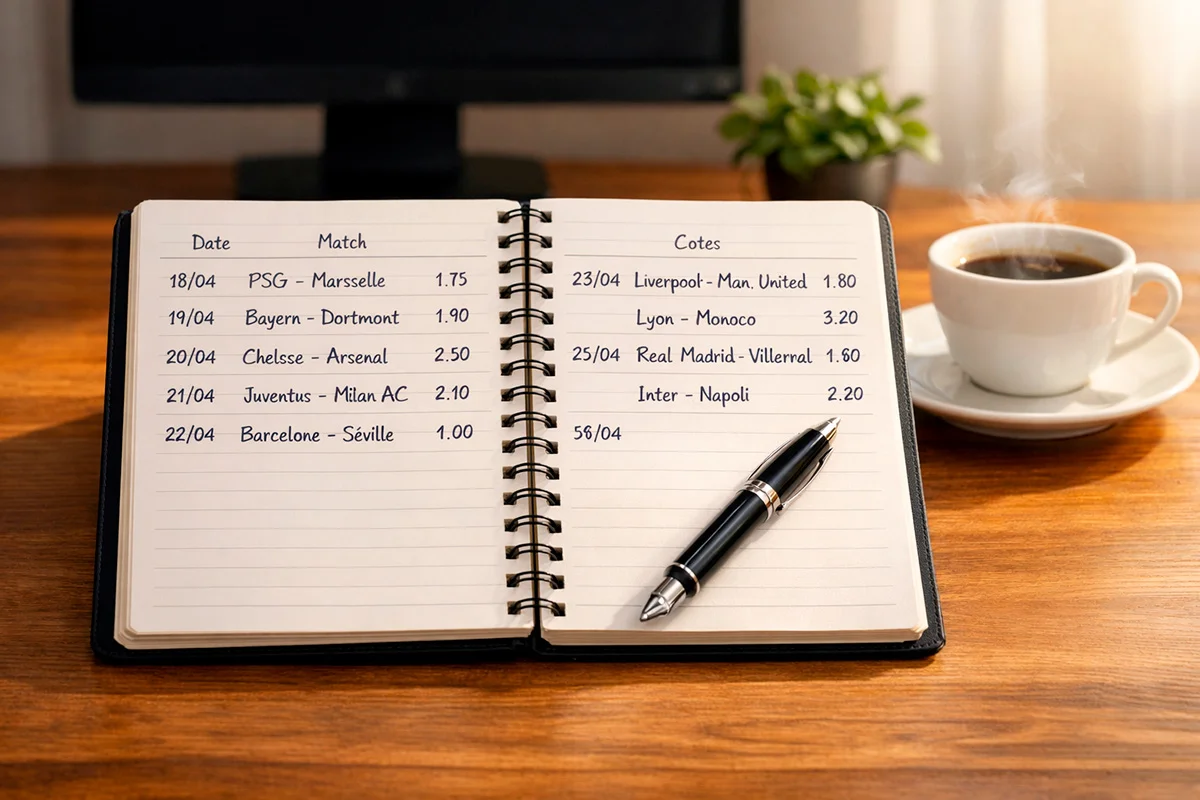 Carnet ouvert avec des colonnes de suivi de résultats de paris sportifs sur un bureau avec un café