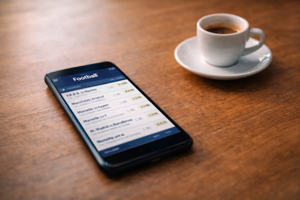 Smartphone posé sur une table affichant une application de paris sportifs