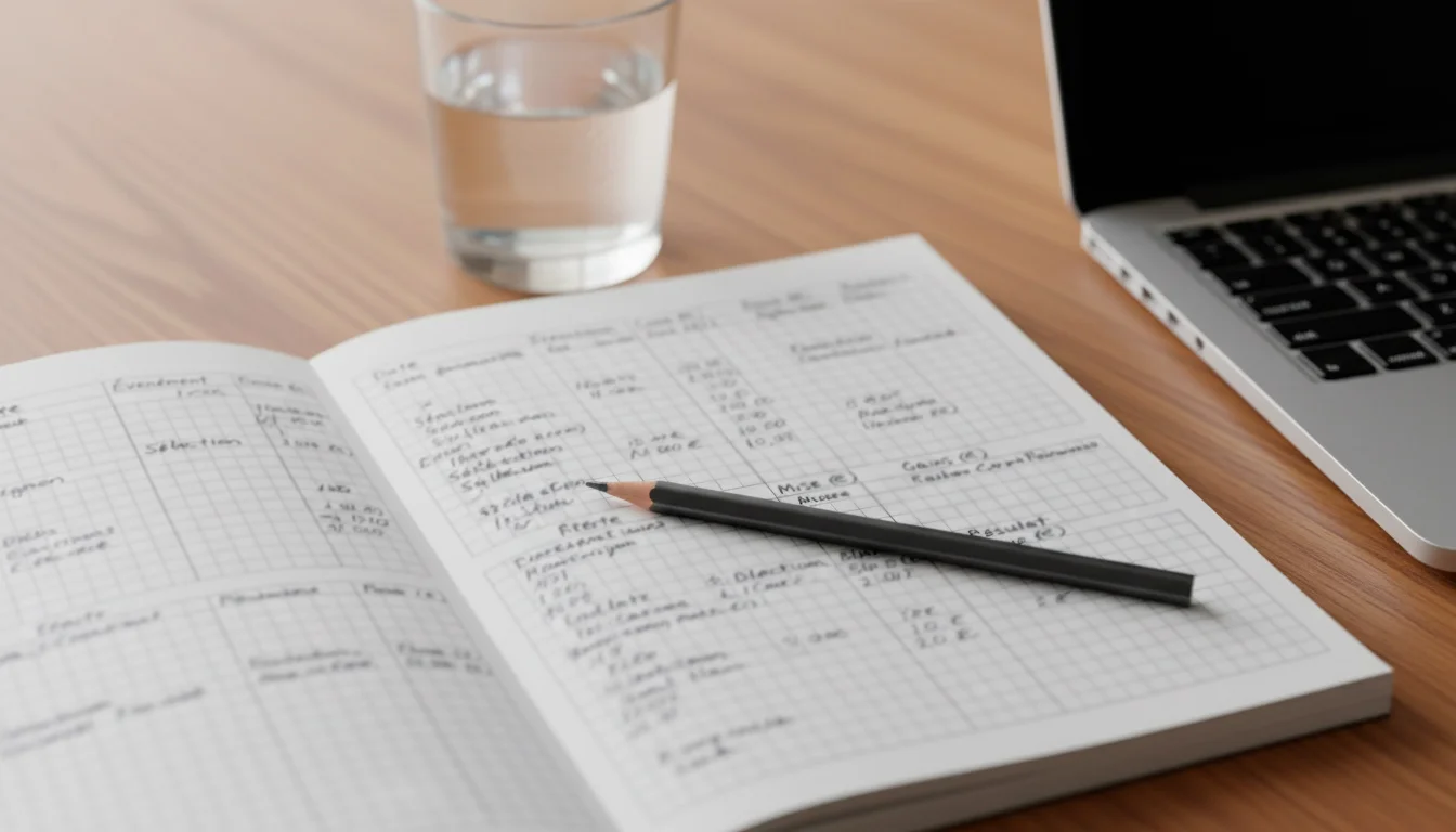 Gros plan sur un carnet avec des colonnes de chiffres de suivi de paris et un crayon posé à côté