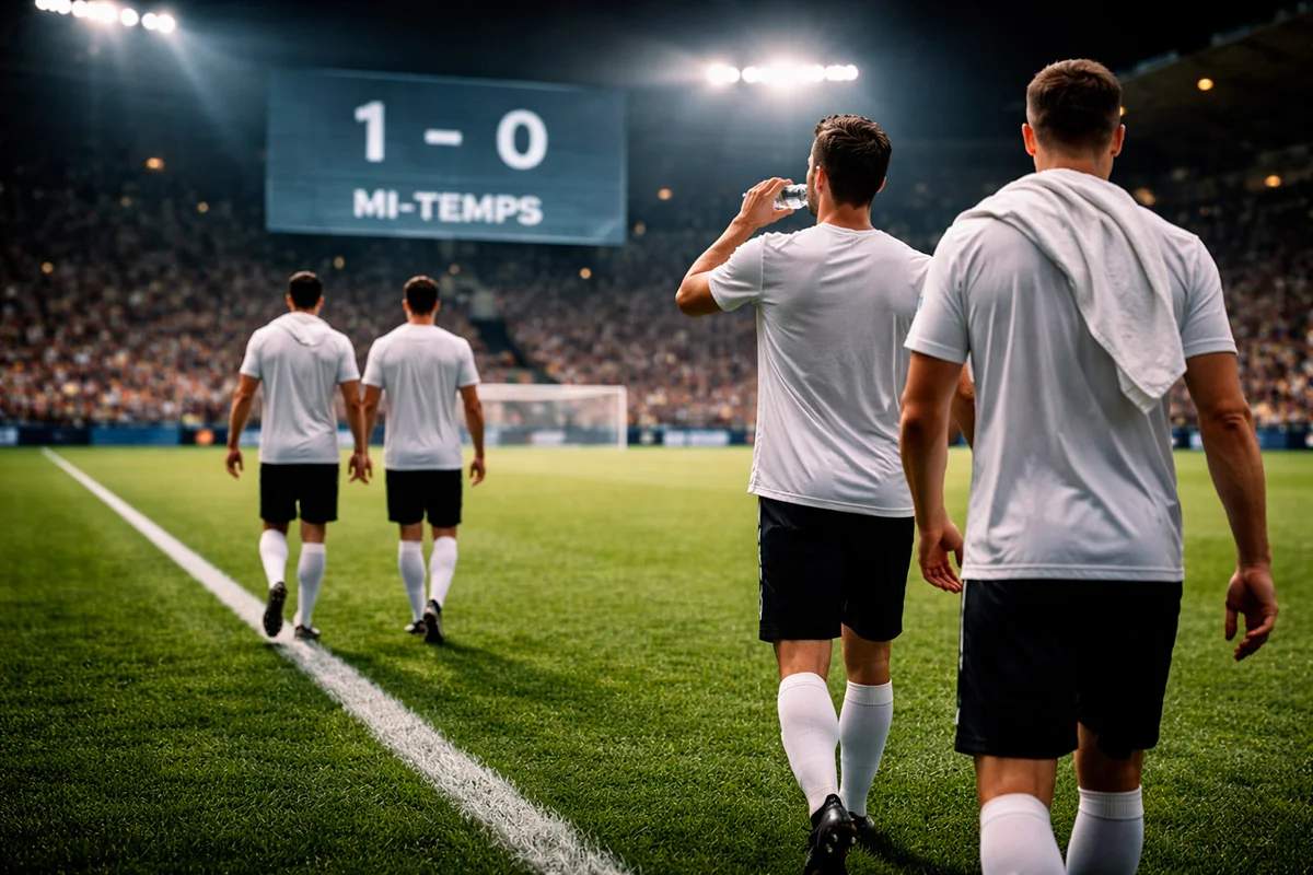Joueurs de football discutant la stratégie à la mi-temps au bord du terrain