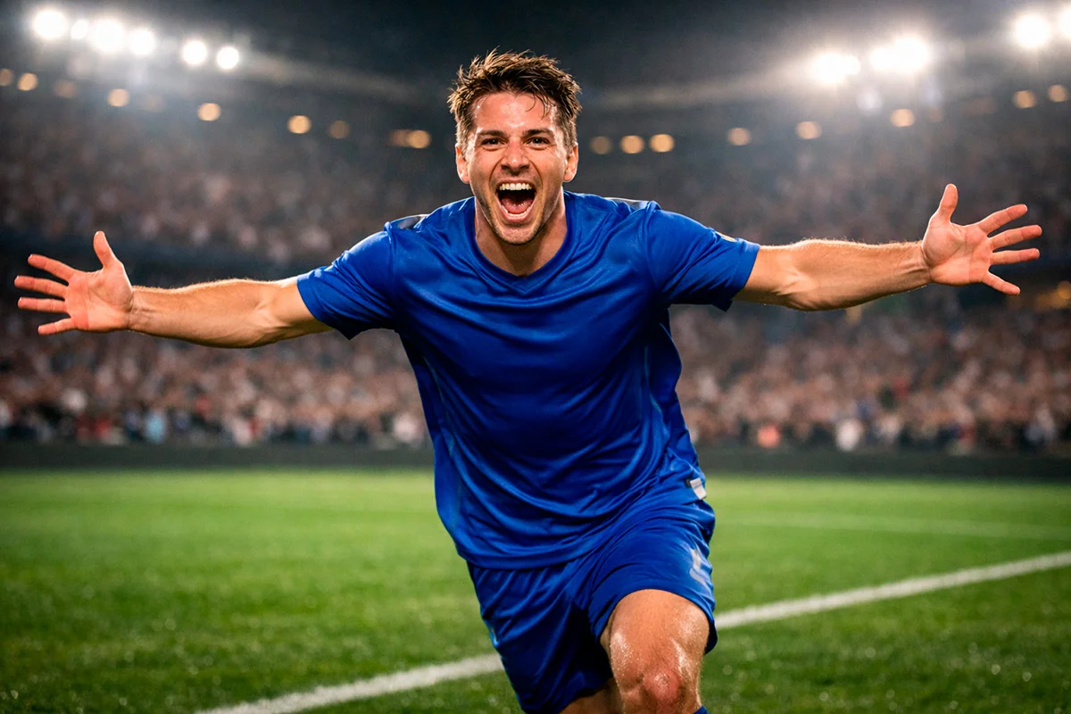 Attaquant de football célébrant un but en courant vers la caméra dans un stade plein