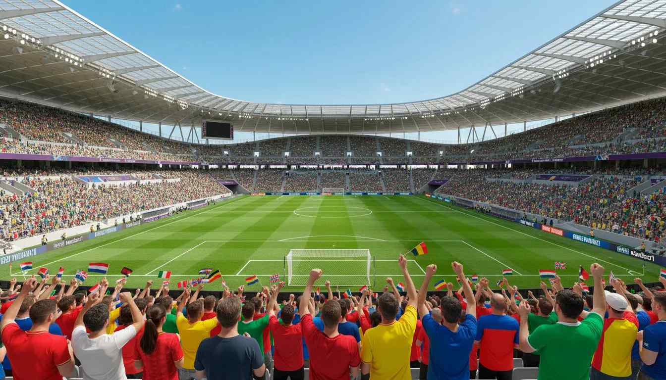 Foule de supporters internationaux dans un grand stade lors de la Coupe du Monde