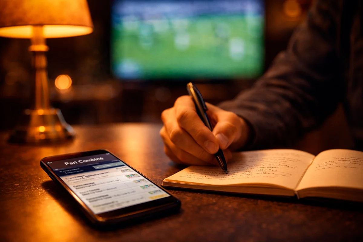 Écran de téléphone affichant un ticket de pari combiné football avec plusieurs sélections de matchs