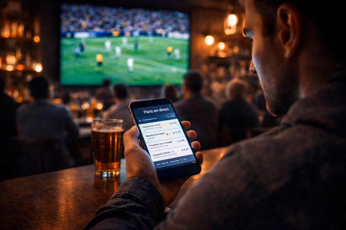 Supporter suivant un match de football en direct sur grand écran dans un bar sportif