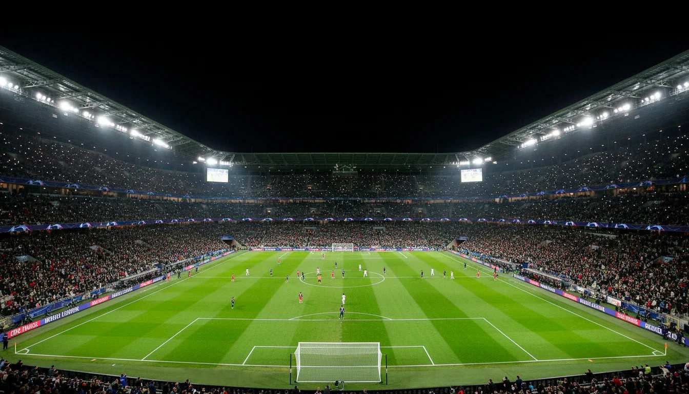 Stade européen illuminé pour une soirée de Ligue des Champions de football