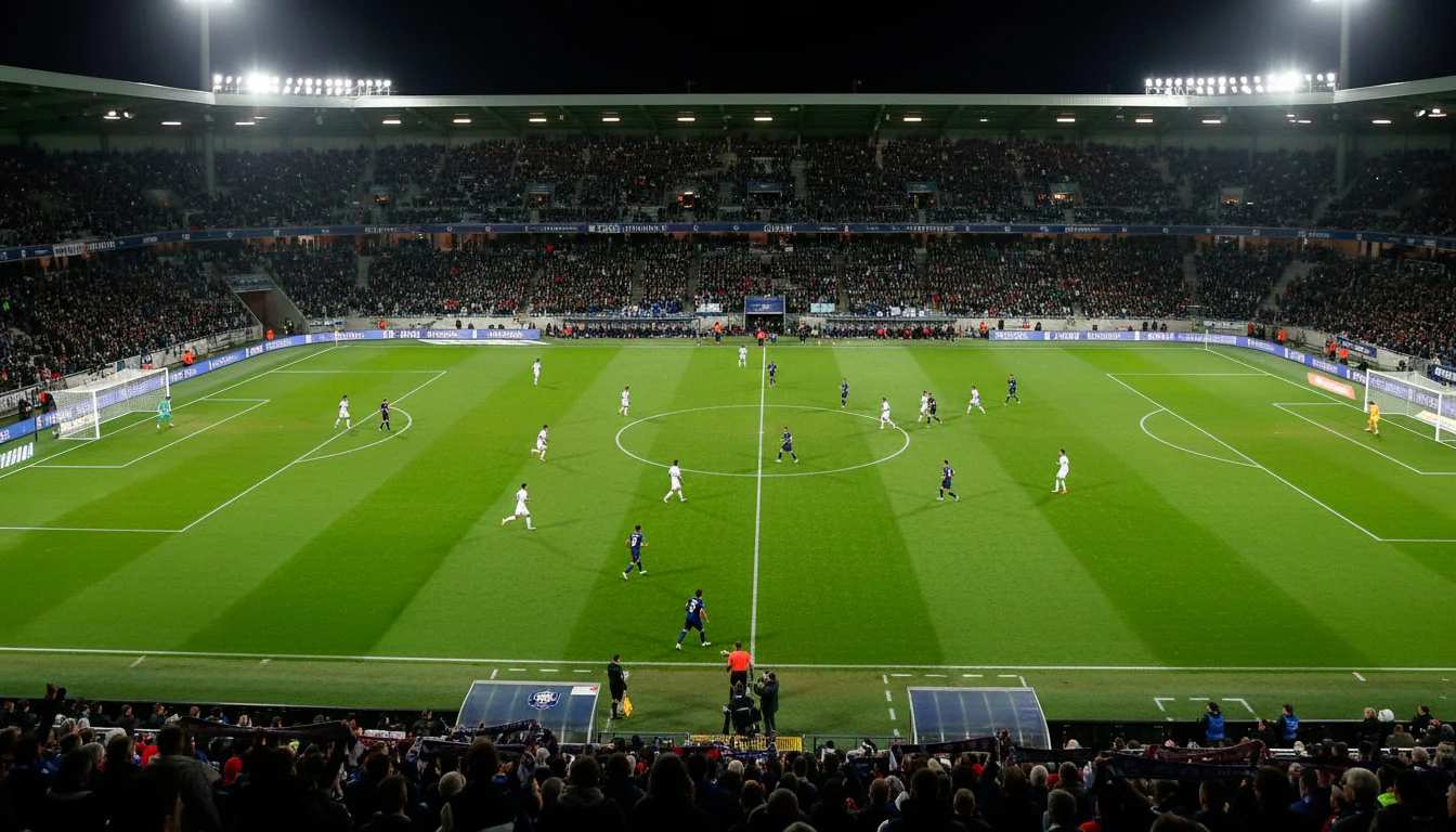 Match de football en Ligue 1 dans un stade français avec une pelouse verte vive