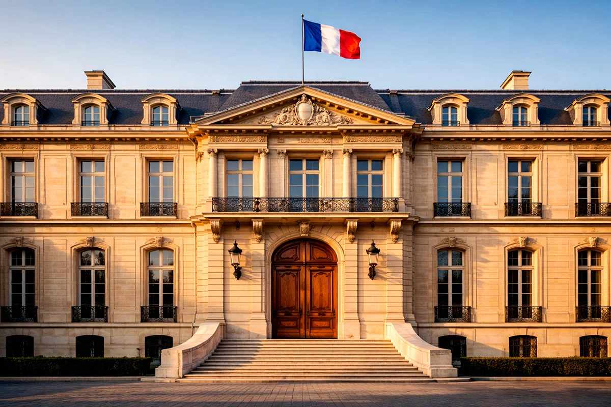 Bâtiment officiel français symbolisant la régulation avec un drapeau tricolore