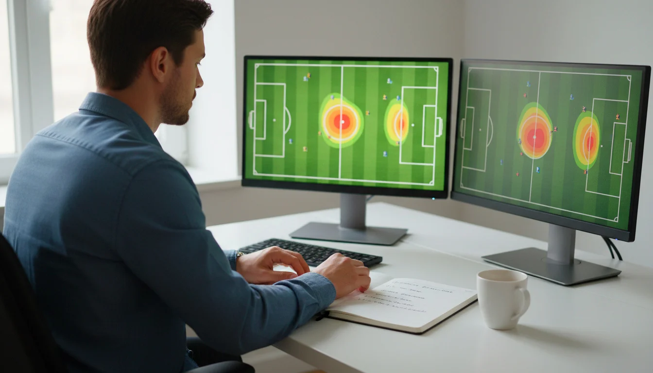 Personne consultant des données de football sur plusieurs écrans dans un bureau