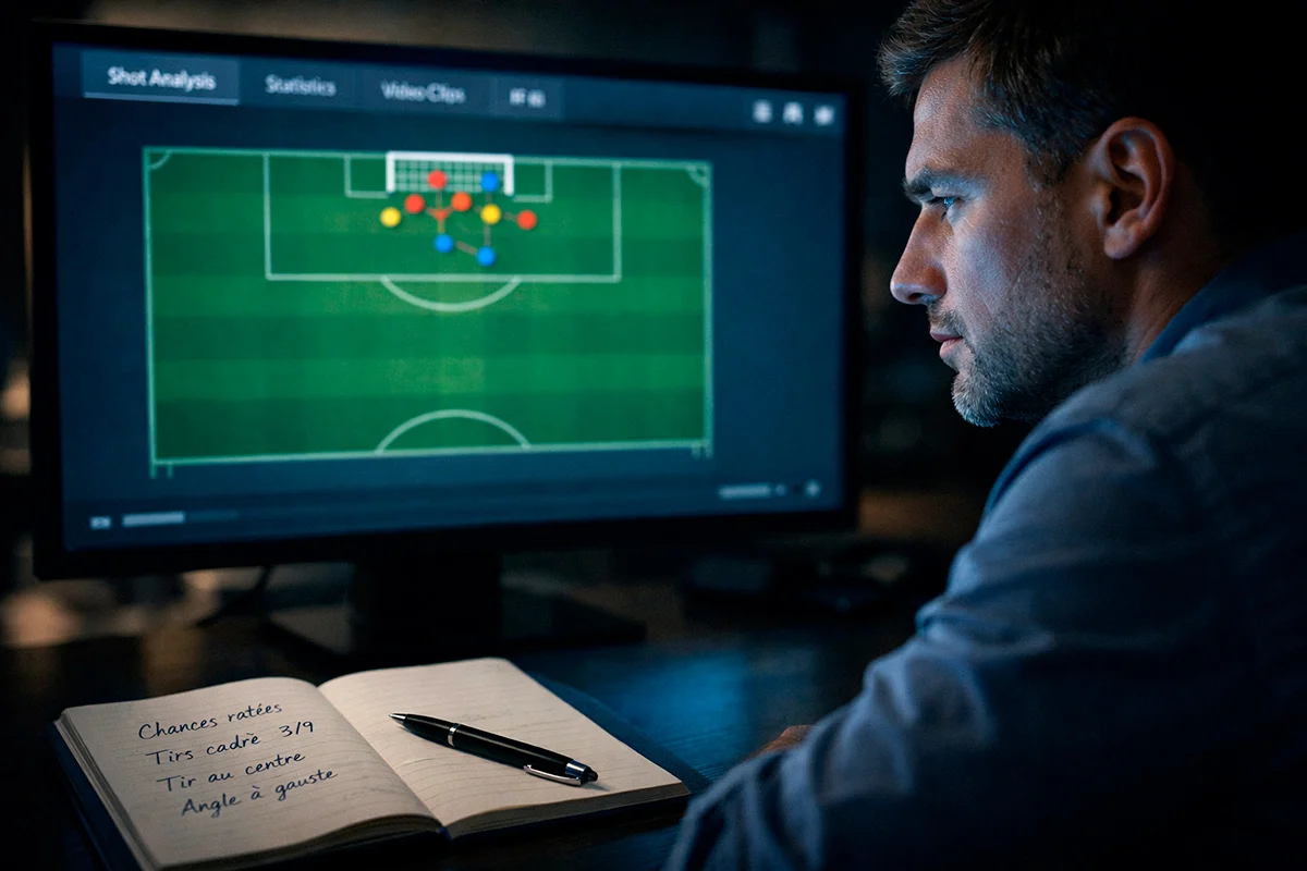 Écran d'ordinateur affichant des statistiques de football avec un analyste concentré