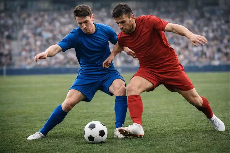 Match de football en action avec joueurs sur terrain en gazon naturel