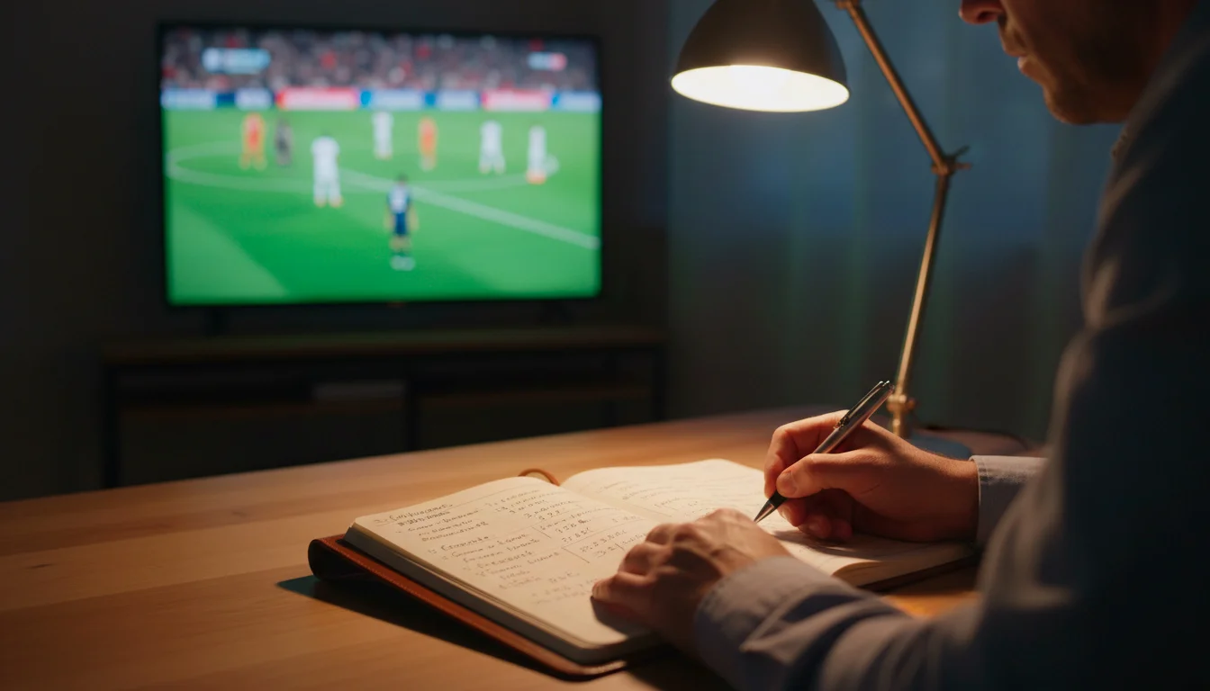 Parieur analysant des statistiques de football sur un carnet de notes